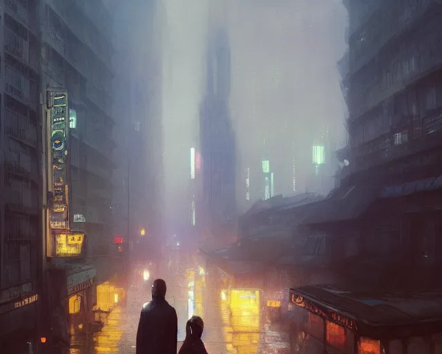 Image similar to 2 0 1 8 blade runner movie still man look at the cityscape from roof perfect face fine realistic face pretty face neon puffy jacket blue futuristic sci - fi elegant by denis villeneuve tom anders zorn hans dragan bibin thoma greg rutkowski ismail inceoglu illustrated sand storm alphonse mucha