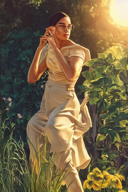Image similar to Alexandria Ocasio-Cortez, by a pool, golden hour, in a garden, artstation, by J. C. Leyendecker and Peter Paul Rubens,