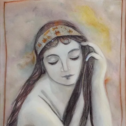 Image similar to beautiful ancient greek girl dreaming of galaxies, painting