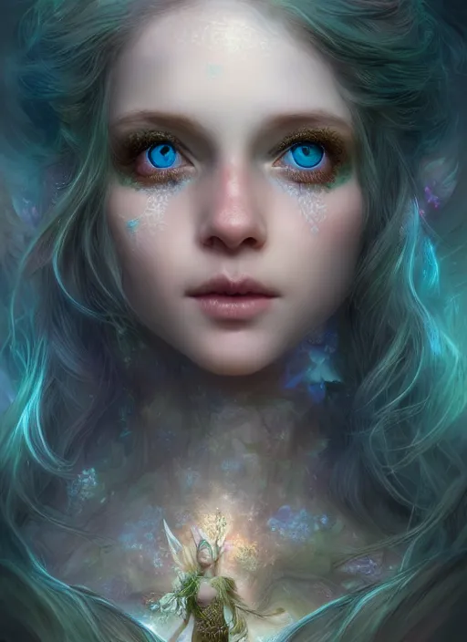 Image similar to portrait of a gorgeous fairy princess of the forest, perfect blue eyes, detailed iridescent fractal pattern skin, 8k render, ultra realistic, cinematic lighting, artstation, artgerm, Seb McKinnon