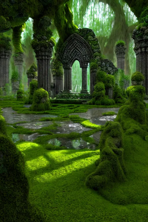 Image similar to photography of a hyper realistic lost celtic elven temple in a magical fantasy garden, mirroring water entering the temple, mossy stone pilars, epic scale, insanely complex, hyperdetailed, sharp focus, hyper realism, artstation, cgsociety, 8 k, bright colors, by takato yamamoto, unreal engine 5