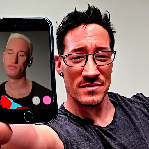 Image similar to Markiplier taking a selfie with Eminem, photorealistic, shot on iphone, realistic lighting, ultra high detail,