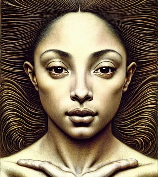 Image similar to detailed realistic beautiful young sade adu face portrait by jean delville, gustave dore and marco mazzoni, art nouveau, symbolist, visionary, gothic, pre - raphaelite. horizontal symmetry by zdzisław beksinski, iris van herpen, raymond swanland and alphonse mucha. highly detailed, hyper - real, beautiful, fractal baroque