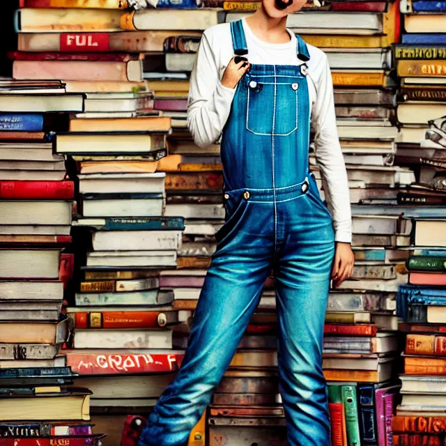 Image similar to full body pose, beautiful adult book fairy, pixar, short white hair shaved sides, dirty, grungy, grunge, long sleeve, painted overalls, stacks of giant books, highly detailed, 4 k, hdr, smooth, sharp focus, high resolution, award - winning photo, artgerm, photorealistic