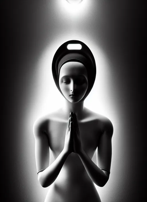 Image similar to surreal mythical dreamy dark artistic black and white fine art fashion portrait photo of a young beautiful delicate female robot - nun praying, spiritual, halo, glory, rim light, cinematic, studio dramatic light, poetic, masterpiece, octane render, 8 k, photo - realistic by gustave dore william bouguereau