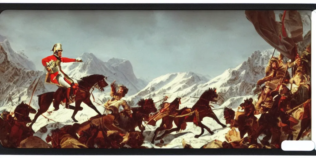 Prompt: Napoleon Crossing the Alps, Jacques-Louis David, instax, polaroid picture, found footage
