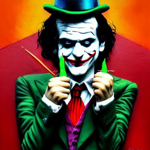 Image similar to ilya yefimovich repin and mimmo rottela and banksy as joaquin phoenix skinny joker, holding hand, lady gaga harley queen, ultra photorealistic, intricate details, pop art style, concept art, confident posse, random object details, 3 colours, warm color, 4 k, ultra smooth, sharp focus