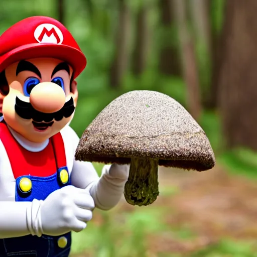 Image similar to photo of real life mario finding a giant amanita muscaria, exhilarated, portrait, closeup. mouth open, 3 0 mm, bokeh