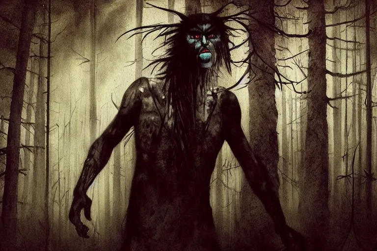 Prompt: mad native american skinwalker in grim forest artwork by ben templesmith