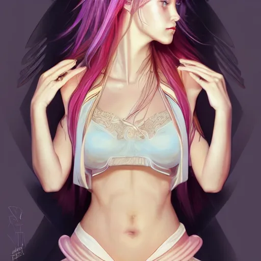 Image similar to portrait of beautiful symmetrical anime girl, rainbow hair, attractive, casual, modern, victoria's secret, highly detailed, digital painting, artstation, concept art, smooth, sharp focus, illustration, art by artgerm, greg rutkowski and alphonse mucha, 8 k,