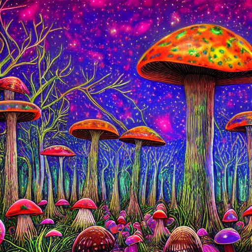 Image similar to psychedelic forest with large mushrooms and nebula sky, shamans, digital art, mystical