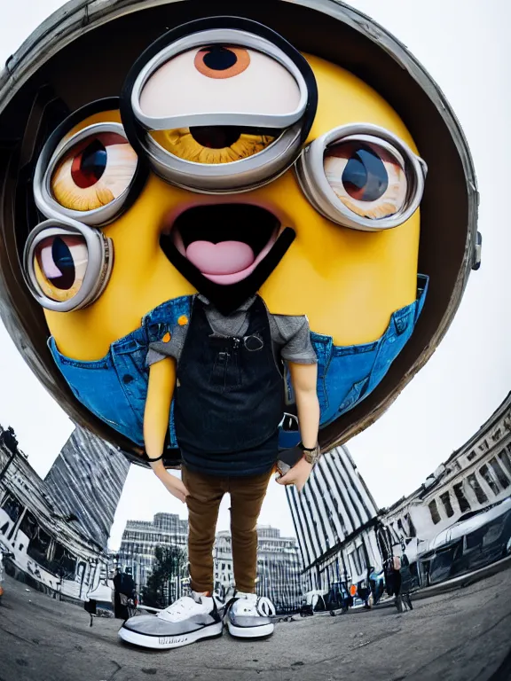 Prompt: minon from despicable me in fashionable streetwear, urban photoshoot, fisheye lens, photograph