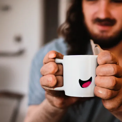 Image similar to a man holding a coffee mug. the coffee mug has a smiling, cartoony face on it.