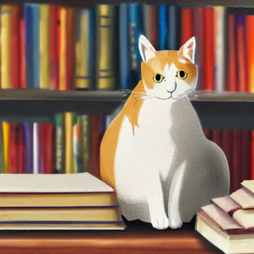 Prompt: Tan and white cat at a library, realistic, detailed, books