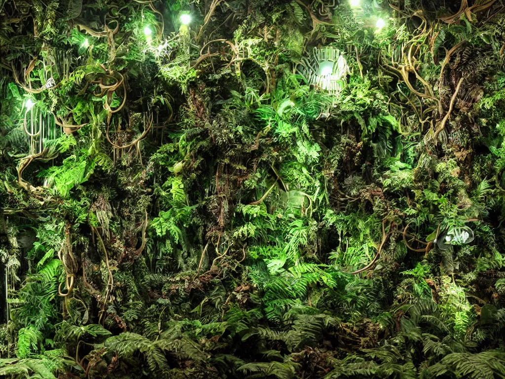 Prompt: a hyper realistic vast and glorious biomech rainforest landscape with ferns and ancient trees made from audio speakers and synthesizer parts and complicated electronic components and intricate wires and pipes:10 | an ovewhelming huge speaker stack pa sound system made from intertwining synthesizers and sound speakers and complex wires and led and intricate circuitry domiates the scene