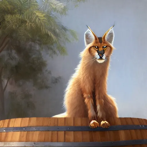 Image similar to a digital art of cute fluffy caracal near a wooden barrel lying at the side, at after noon, ancient greek city, by krenz cushart and mucha and akihito yoshida and greg rutkowski and makoto shinkai, long shot, back lighting, detailed eyes, 4 k resolution, trending on art station