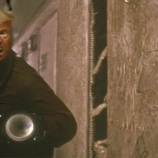 Image similar to film still of Donald Trump being held against a wall by a predator in the movie Alien.