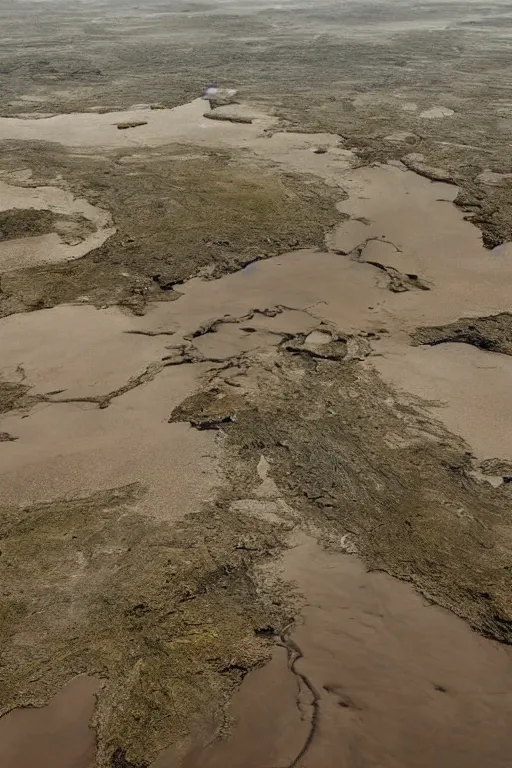 Image similar to top view of muddy river delta leading to sea by hiroshi yoshida, ridley scott, roger deakins, turner, rothko, hyperrealism, turbulent alien vivid landscape, matte painting, fluid simulation, trending on artstation, 8 k high detail concept art, rendered in octane