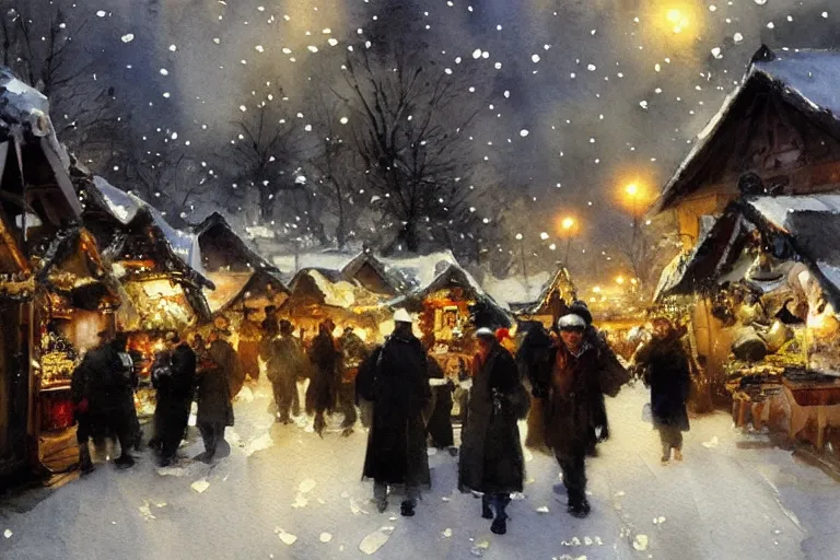 Image similar to abstract watercolor painting of village street, magic diamond crystal winter, traditional christmas market, cinematic light, national romanticism by anders zorn, by greg rutkowski, by greg manchess