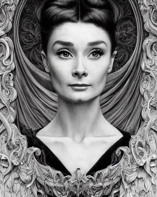 Image similar to matte painting portrait shot, beautiful colourful audrey hepburn, detailed and intricate by jean delville, gustave dore and marco mazzoni, art nouveau, symbolist, visionary, gothic, pre - raphaelite