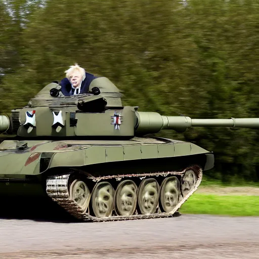 Image similar to A long shot of Boris Johnson in a tank, 4k, ultra HD