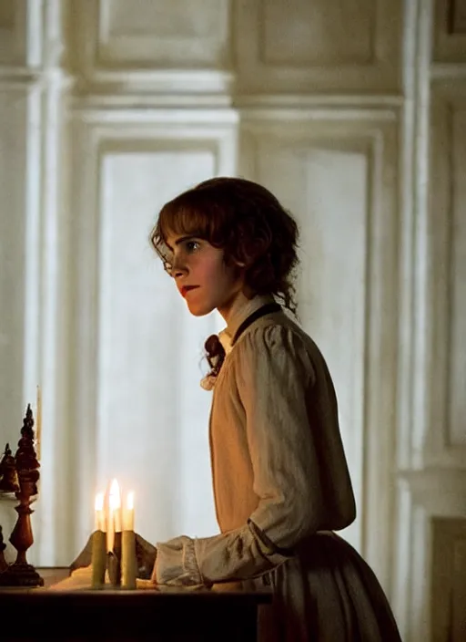 Prompt: Emma Watson as Hermione Granger in Kubrick's Barry Lyndon, natural candle lighting, movie still