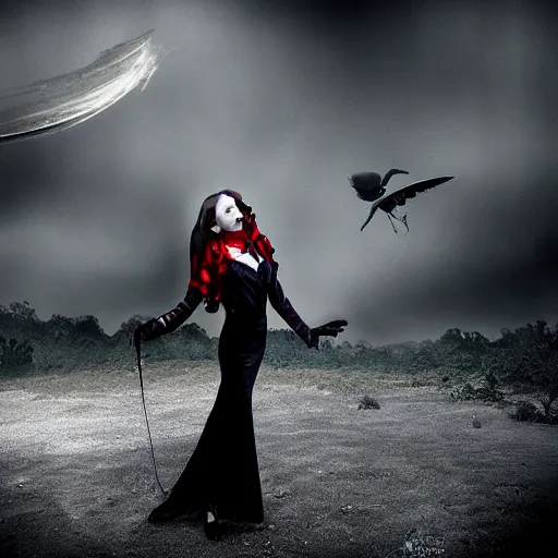 Image similar to a female vampire flying in a dark time, photomanipulation