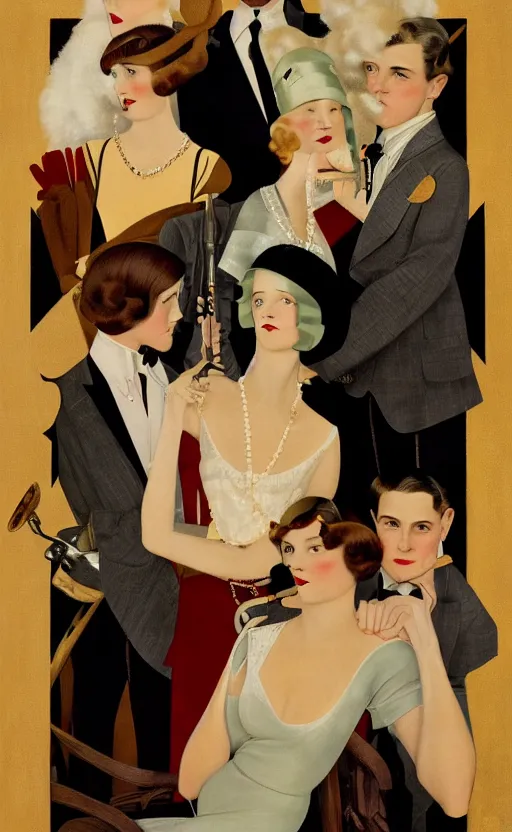 Image similar to a painting depicting Jazz Age high society people, 1920s style, smooth, highly detailed, high contrast, Coles Phillips, Dean Cornwell, JC Leyendecker, 8K