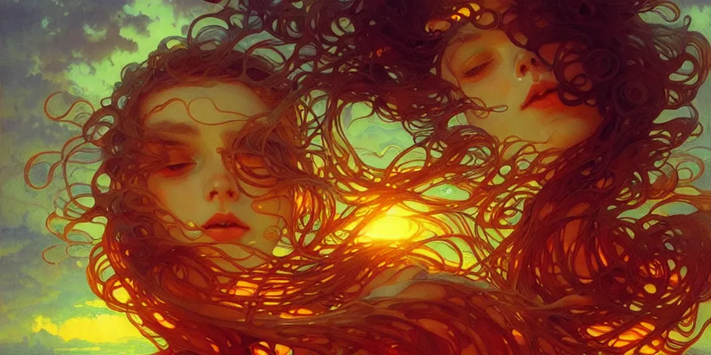 Image similar to mind bending ocean waves of glossy liquid honey drops flowing like psychedelic translucent amber, lsd waves, lsd ripples, backlit, sunset, refracted lighting, art by collier, albert aublet, krenz cushart, artem demura, alphonse mucha