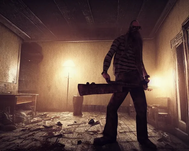 Prompt: jack baker from resident evil 7 ( 2 0 1 7 ) wielding axe, bearded, thinning hair, circular glasses, dirty yellow striped pajamas, dirty beige pants, cinematic lighting, eerie atmosphere, photography 4 k