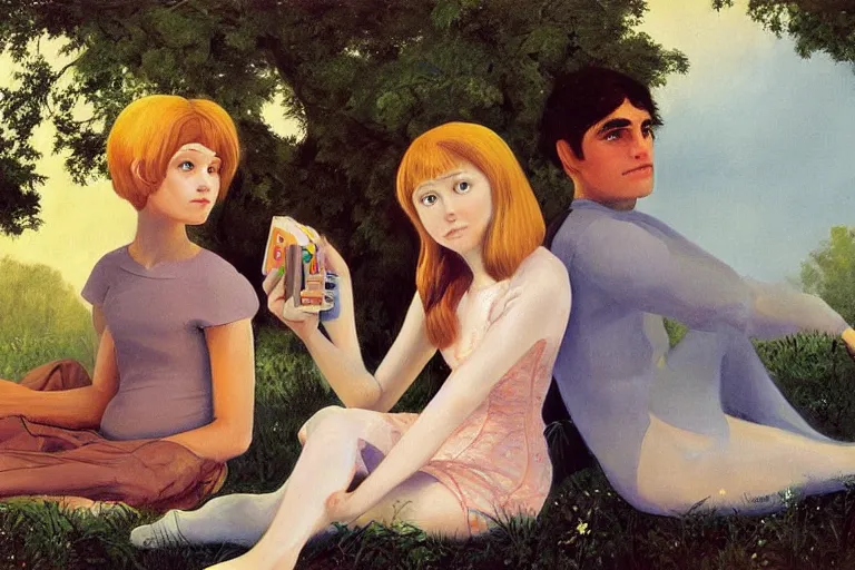 Prompt: beautiful painting of friends, beautiful faces, sitting on the edge, cute, soft light, digital painting by diane arbus and ralph mcquarrie and charles maurice detmold