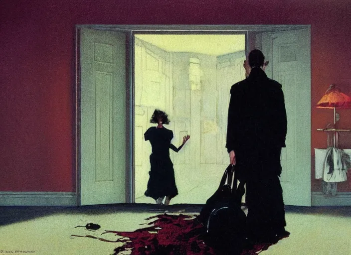 Prompt: a still from the film the shining by francis bacon, surreal forest, norman rockwell and james jean, greg hildebrandt, and mark brooks, triadic color scheme, by greg rutkowski, in the style of francis bacon and syd mead and edward hopper and norman rockwell and beksinski, dark surrealism, open ceiling