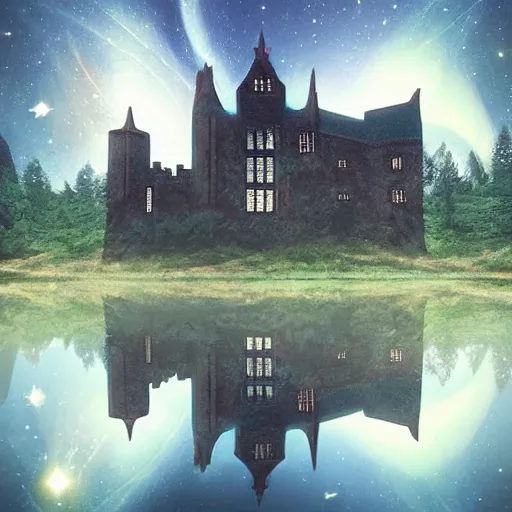 Image similar to a renaissance castle in a forest with a glowing night sky, upward angle, by ross tran