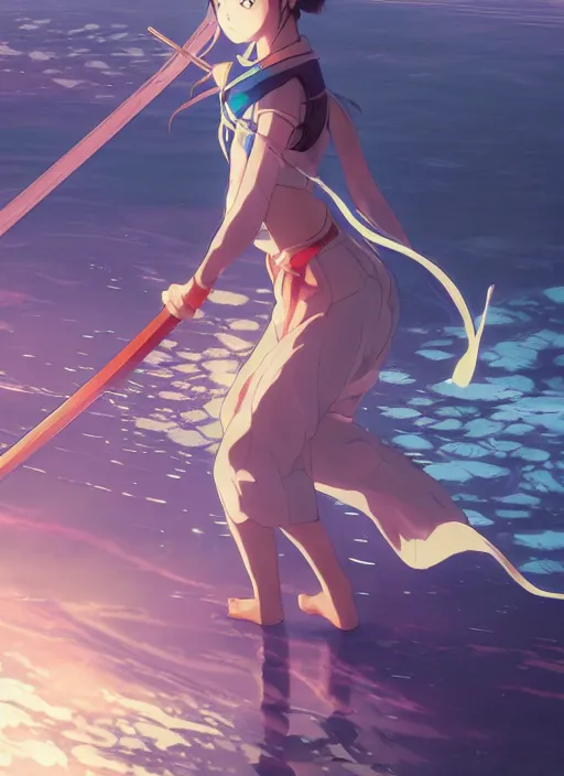 Prompt: anime girl with a katana walking on water, ripples, backdrop of dawn, saturn in the background, illustration, concept art, anime, key visual, trending pixiv fanbox by wlop and greg rutkowski and makoto shinkai and studio ghibli