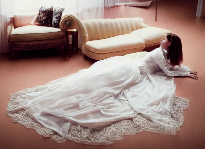 Image similar to kodak portra 4 0 0 photographic, 8 0 s living room, detailed, octane render, 4 k, hyper realistic, floor flooded, how river, a beautiful woman in a white lace dress like the pre - raphaelites is playing dead afloat, wide angle, sharp focus, soft light, volumetric light fog, in the style of gregory crewdson