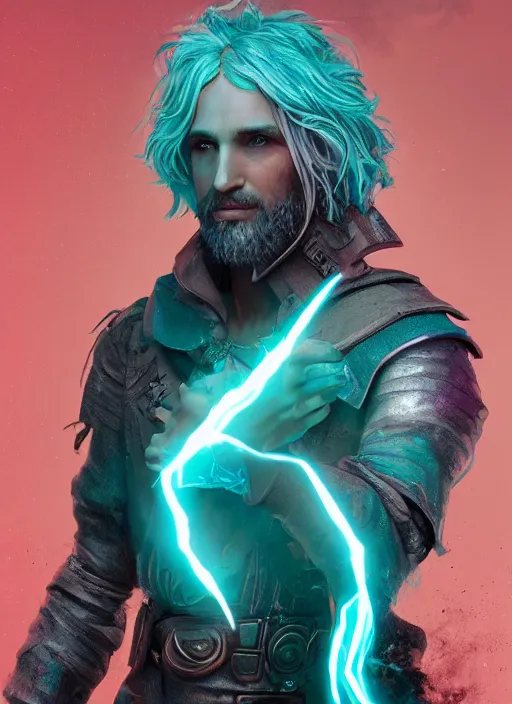 Image similar to A striking epic hyper real portrait painting of aasimar warlock, teal electricity surrounding body, male, shaggy silver hair, short scruffy beard, 4k, 8k, Apex Legends Concept Art, D&D Concept Art, unreal 5, DAZ, hyperrealistic, octane render, cosplay, RPG portrait, dynamic lighting