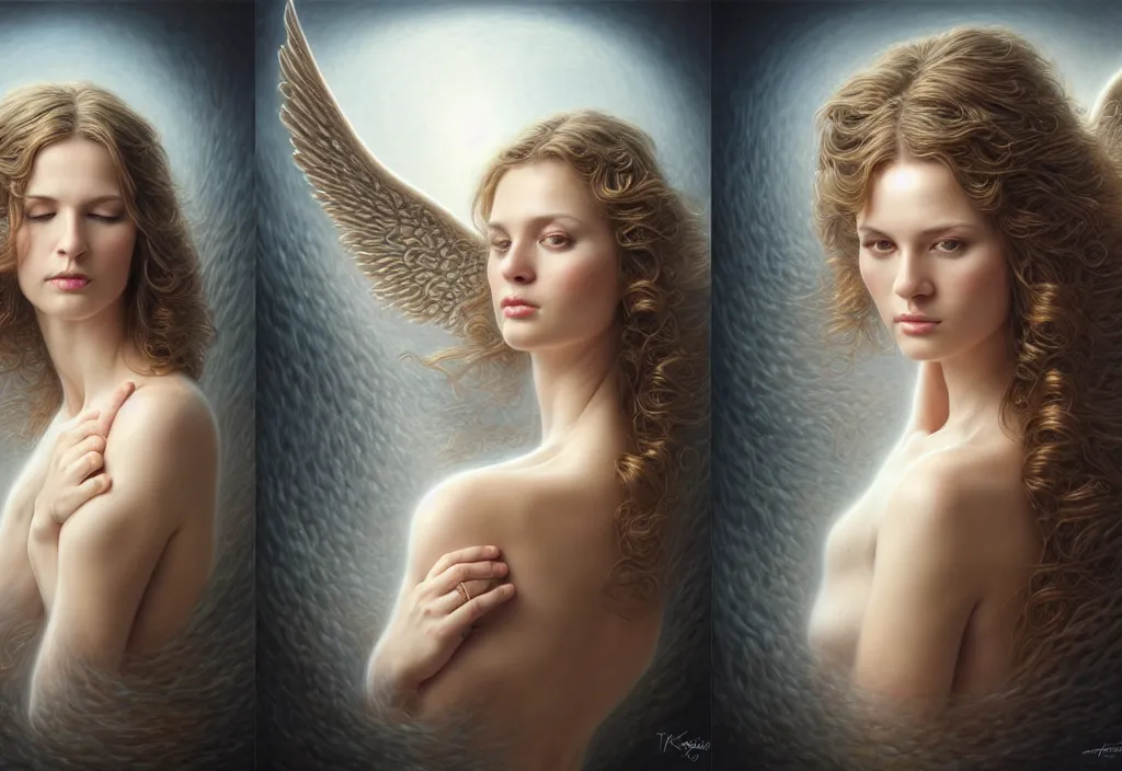 Prompt: picture split from the middle with an border, angels with different backroundsnon, intricate, elegant, highly detailed, realistic hair, centered, digital painting, art station, conceptual art, soft, sharp focus, illustration, artwork, artgerm, tomasz alen kopera, donato giancola, wlop, boris vallejo