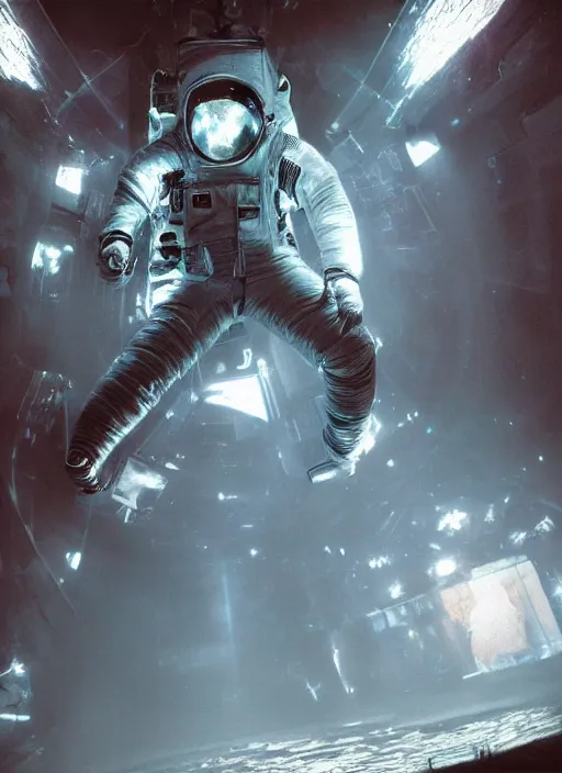 Image similar to complex poster by craig mullins astronaut in futuristic dark and empty spaceship underwater. infrared glowing lights. complex and hyperdetailed technical suit. reflection and dispersion materials. rays and dispersion of light. volumetric light. 5 0 mm, f / 3 2. noise film photo flare. flash photography. unreal engine 4, octane render