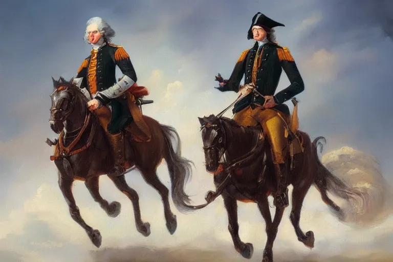 Prompt: “An oil painting of George Washington riding in an open top attack mech trending on artstation”