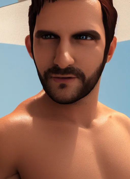 Image similar to 3 2 - year - old man, short stubble, wearing short sleeve v neck shirt and speedo, bara, character design, octane render, 8 k, portrait