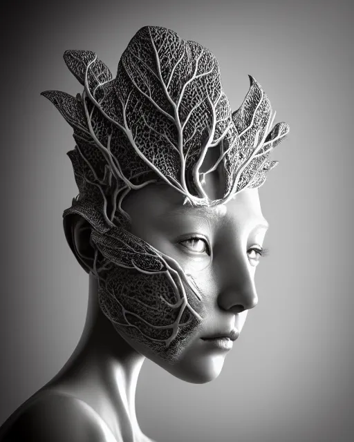 Image similar to bw close - up profile face, black background, beautiful porcelain vegetal dragon cyborg young female, 1 5 0 mm, beautiful natural soft rim light, silver gold details, magnolia leaves and stems, roots, fine lace, mandelbot fractal, elegant, ultra detailed, white metallic armour, octane render, h. r. giger style