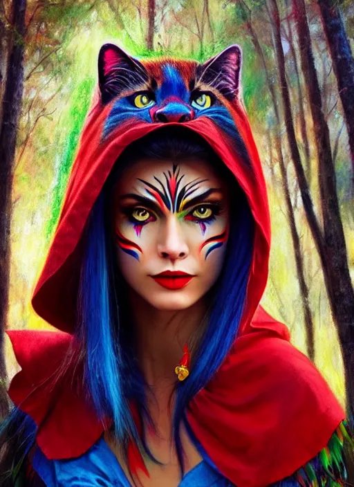 Image similar to photo of a gorgeous Beautiful face Portrait of Little Red Riding Hood with a rainbow panther, face painting, woman in the style of stefan kostic, wild, realistic, sharp focus, 8k high definition, insanely detailed, intricate, elegant, art by stanley lau and artgerm