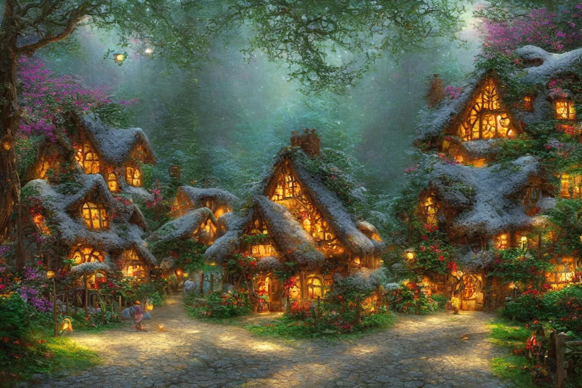 Prompt: ginger bread cottage in a fairy tale forest painted by Thomas Kinkade, highly detailed, digital painting, artstation, concept art, smooth, sharp focus, illustration,