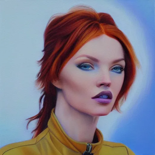 Image similar to redhead fashion model astronaut portrait, hyperrealism oil painting