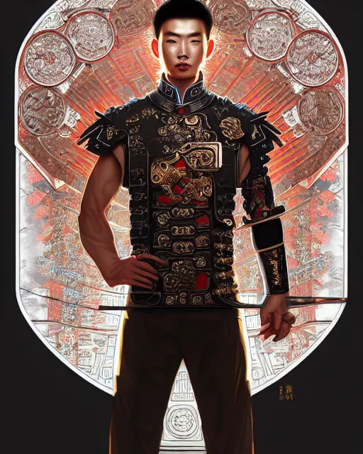 Image similar to portrait of a chinese masculine male cyberpunk machine, machine face, upper half portrait, decorated with chinese opera motifs, muscular, asian, fine china, wuxia, traditional chinese art intricate intense elegant 京 剧 highly detailed digital painting artstation concept art smooth sharp focus illustration, art by artgerm and greg rutkowski alphonse mucha 8 k