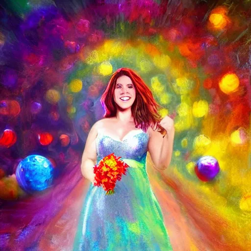 Image similar to a an ultra happy bridesmaid, majestic, disco balls, 8k resolution vivid painting trending on artstation Pill my face, still life A supersonic highway of light that allows you to drive