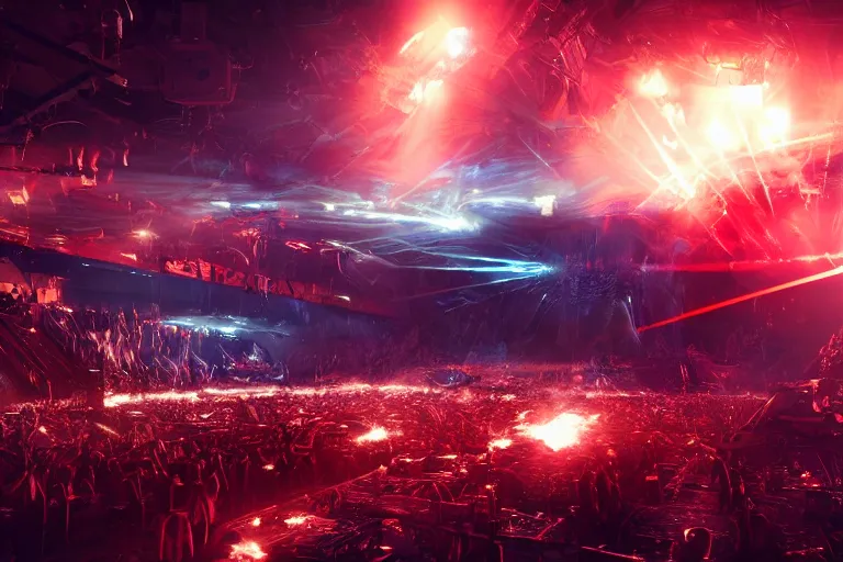 Image similar to a futuristic epic rock concert with flames and laser, huge clouds of smoke and bright beams of light, the crowd are screaming in ecstasy, hypermaximalistic, high details, cinematic, 8k resolution, beautiful detailed, insanely intricate details, artstation trending, octane render, unreal engine