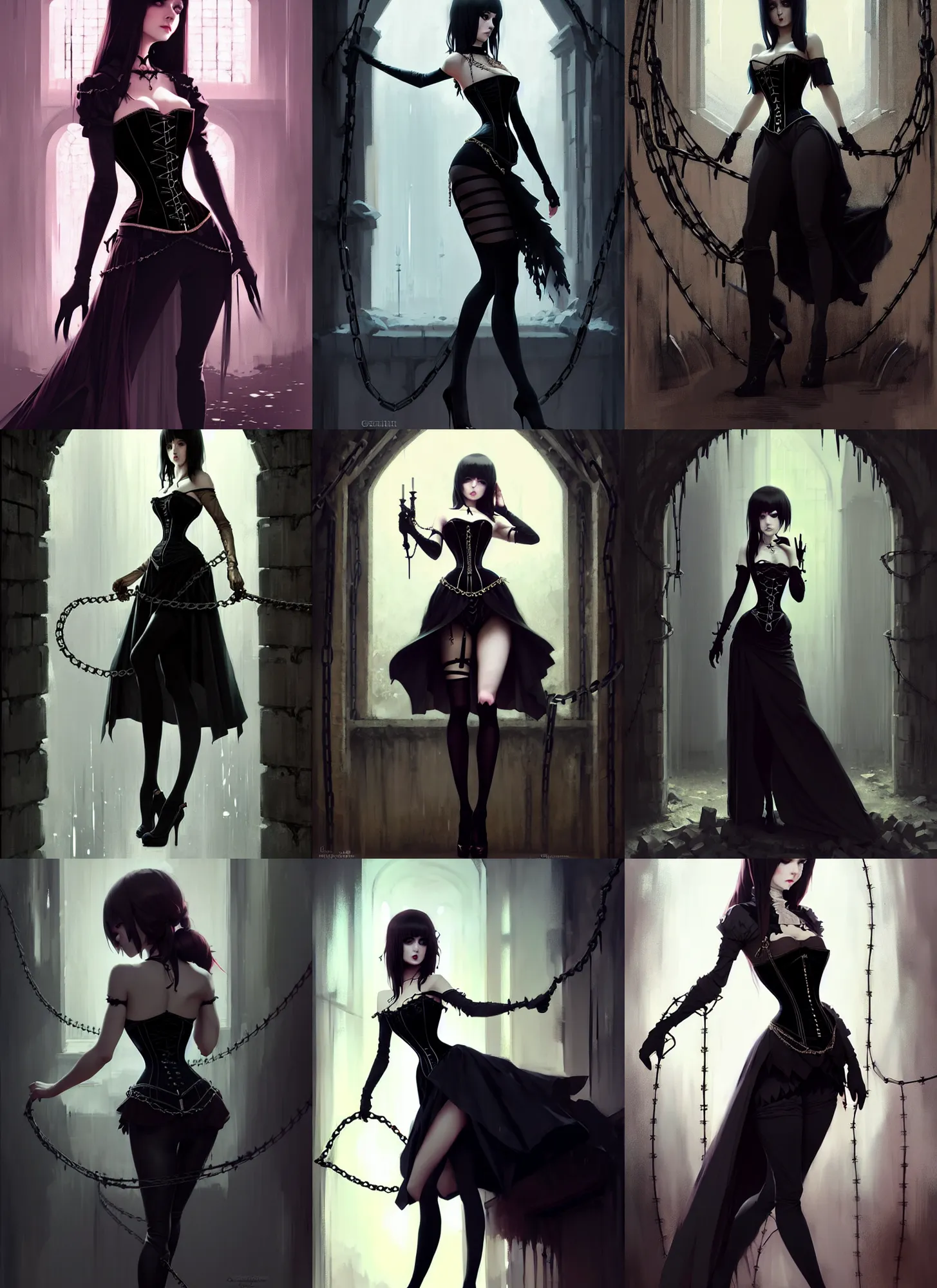 Image similar to an elegant beautiful gothic princess, bound by chains and barbed wire in a dungeon, very tight corset, high heels, full body, style of ilya kuvshinov, greg rutkowski, anna dittmann, masterpiece, very high quality, dark, intricate, high resolution