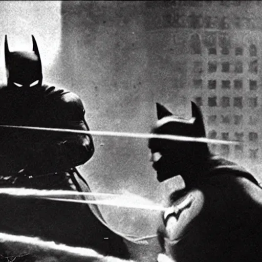 Image similar to a close - up old black and white photo, 1 9 1 3, depicting batman fighting a bad guy in an ally of new york city, rule of thirds, historical record