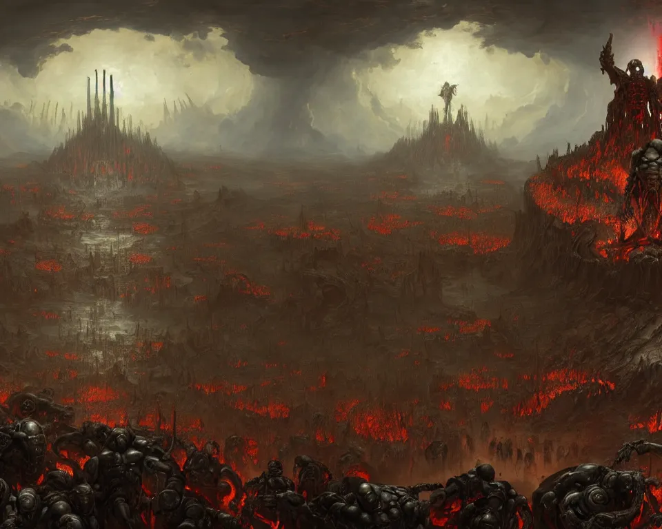 Image similar to doom eternal concept art by jakub rozalski, garden of eternal delights hell by hieronymus bosh, triumph of death by pieter brueghel, doom eternal by hieronymus bosh, sharp focus panorama